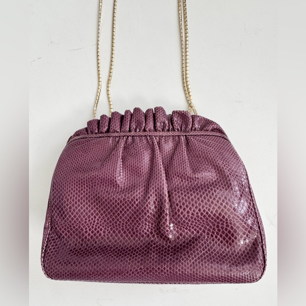 JUDITH LEIBER Vintage Plum Purple Lizard Clutch Ruffle Bag Chain Strap